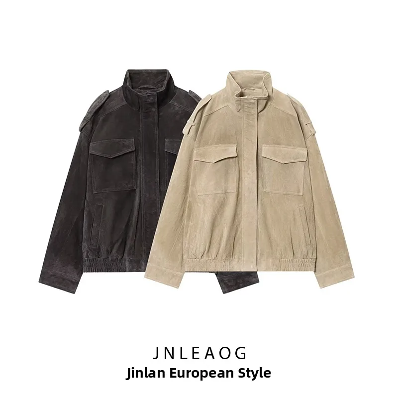 JNLEAOG خريف جديد المرأة فو الجلود Jaet المخملية الملمس عادية Sle طويلة Sve سستة إغلاق الوقوف طوق ملابس خارجية