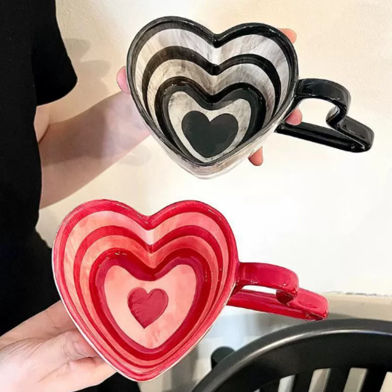 

Creative Heart Shaped Ceramic Coffee Cup 300ml Exquisite Striped Mug Latte Coffee Cup Home Afternoon Tea Milk Mug couple gifts