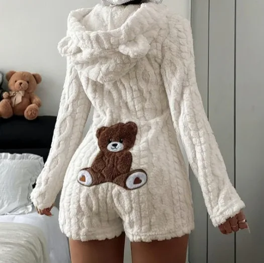 Autumn and winter new women's clothing casual solid color hooded long-sleeved plush onesie