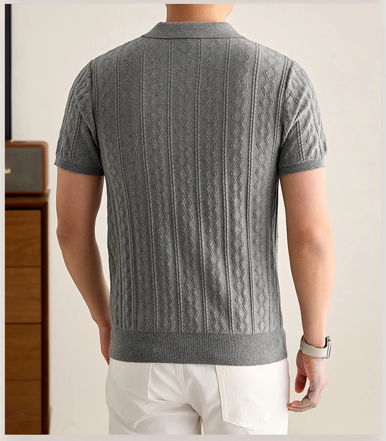 Luxuriöses, gestricktes 100% Baumwoll-Poloshirt für Herren, kurzärmelig, neu, Jacquard, weich, atmungsaktiv, modisch, hochwertig, einfarbig, lässiges T-Shirt. – Detail 6
