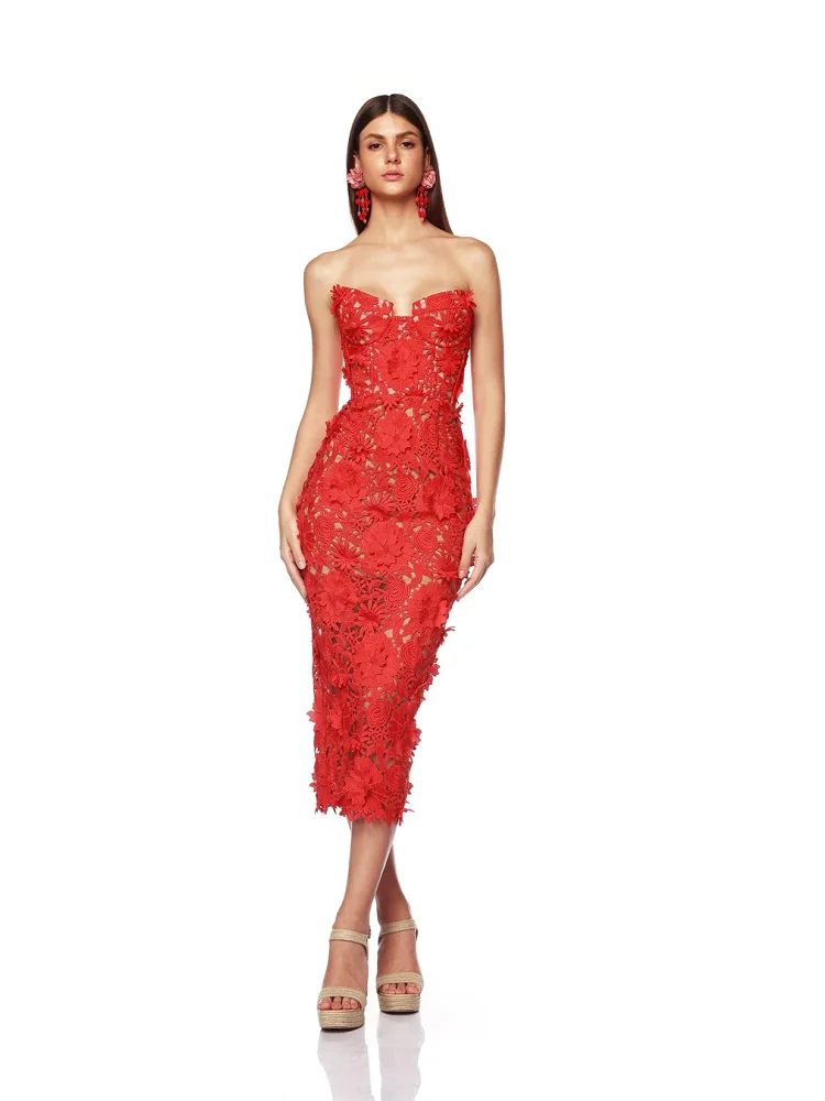 

2024 Summer New Red Lace Tube Top Hollow Sexy Long Skirt