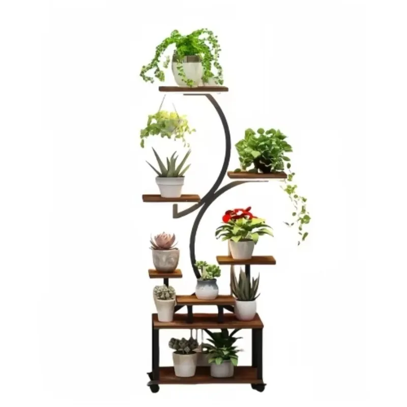 8-Layer metal plant stand with grow lights, 61 inches tall, with wheels, removable, suitable for multiple plants indoors