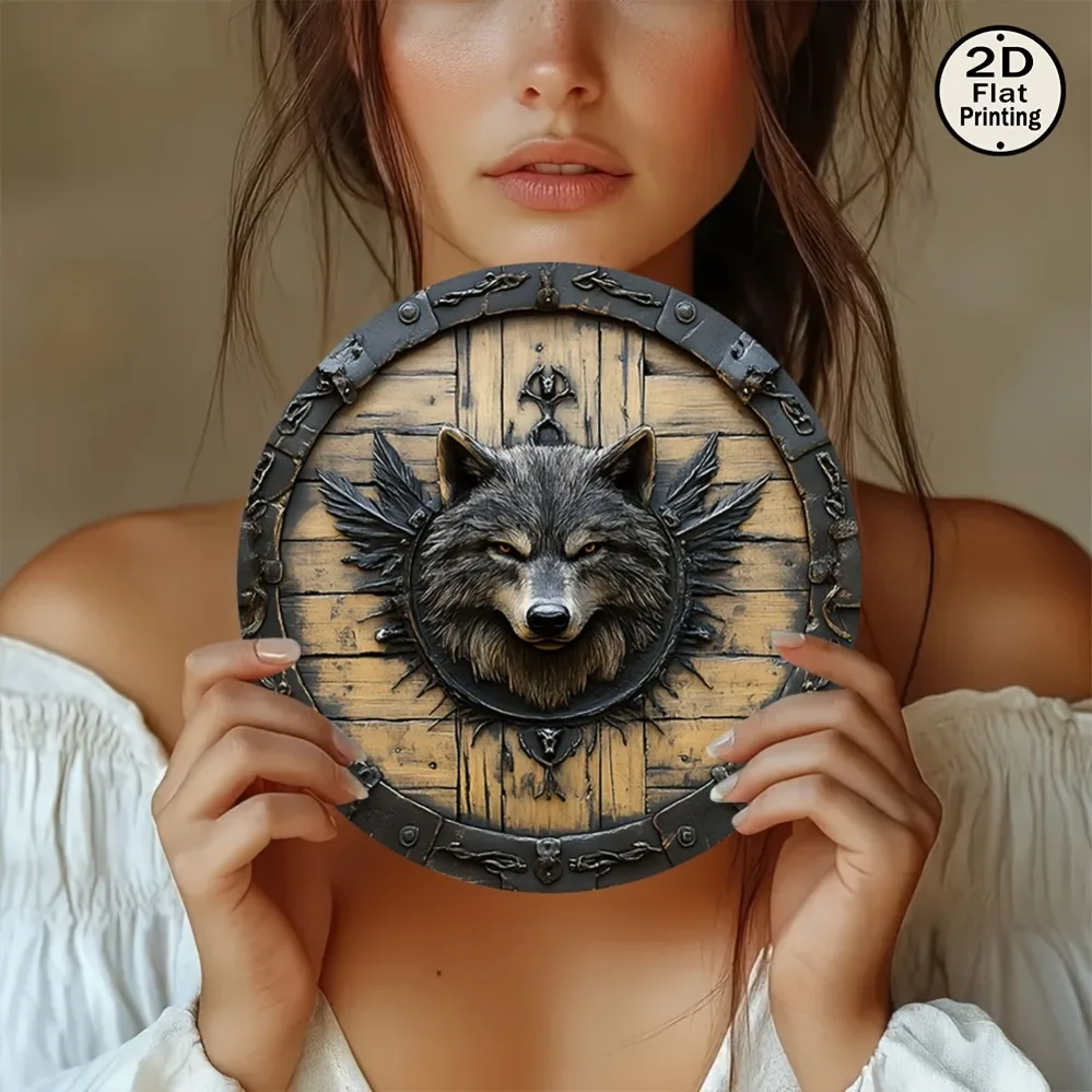 2D Metal Sign, Viking Wolf Head Metal Wall Art, 8 Inch Round Vintage Symbol of Strength for Home Decor