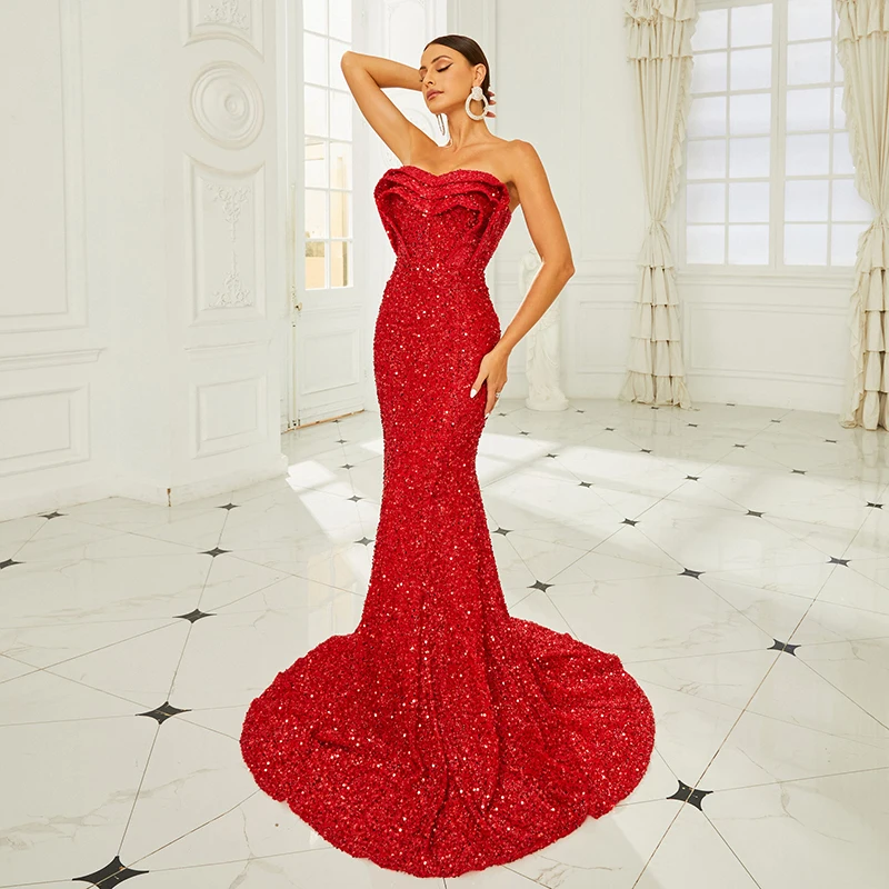 2024 Summer Clothes Women Strapless Backless Red Sequined Wedding Brides Cocktail Prom Evening Party Long Mermaid Dresses