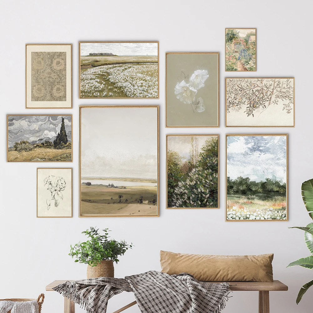 Summer Landscape Vintage Oil Painting Canvas Poster Spring Neutral Gallery Wall Art Print Retro Green Tone Farmhouse Wall Dec