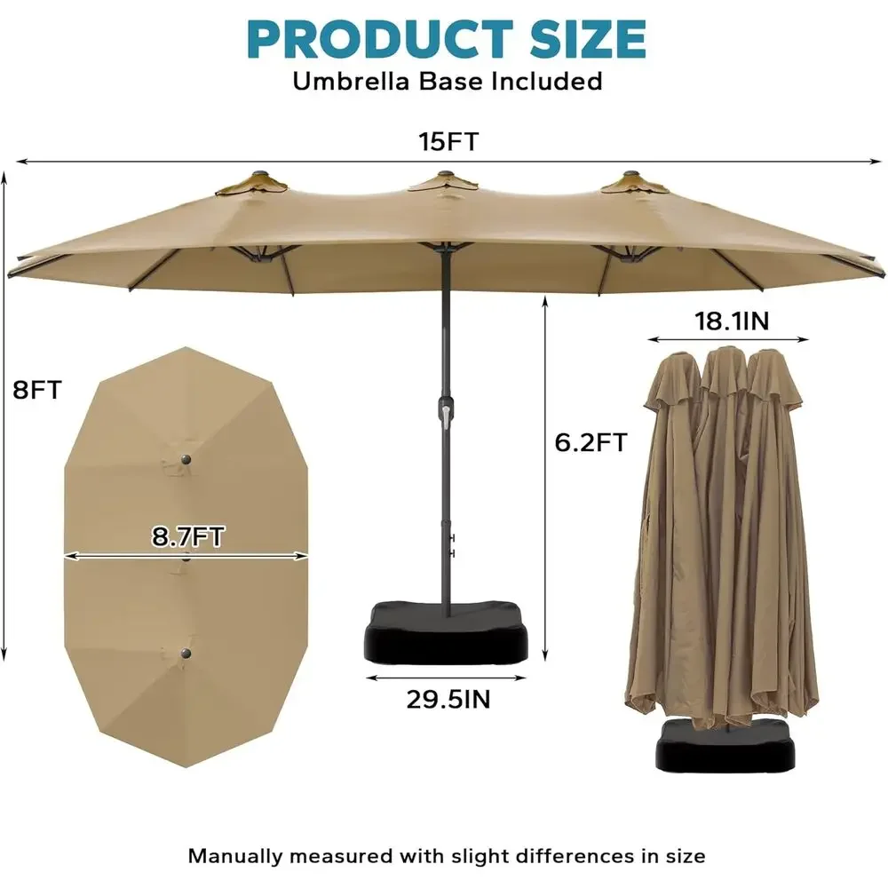 15ft Outdoor Patio Umbrella with Crank and Base, Large Double-Sided Pool Shade, Ideal for Garden and Backyard (Tan)