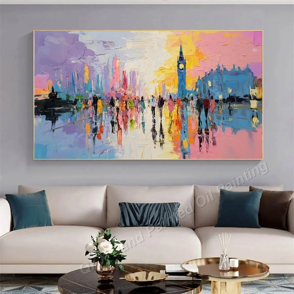 Handmade Oil Painting on Canvas Wall Art Decor for Living Room, Impasto Colorful London Big Ben Street Horizontal Canvas Art