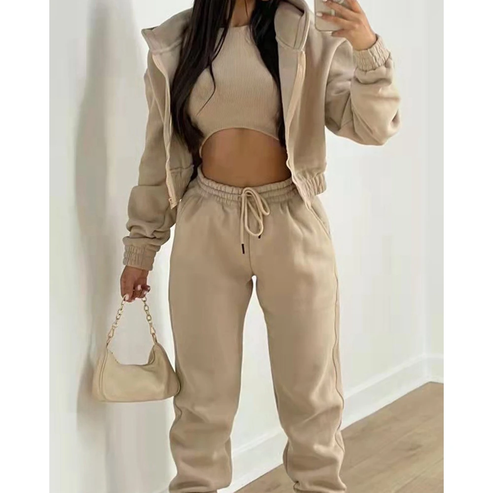 

Three Pieces Sporty Suits Set Women Solid Color Crop Top With Coat & Drawstring Pants Set Causal y2k Elegant Outfits