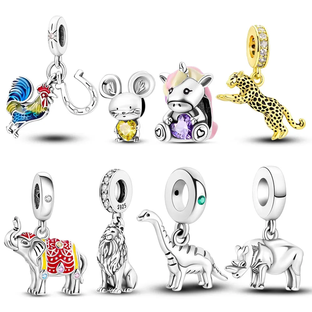 925 Sterling Silver Unicorn Elephant Rat Lion Leopard Dinosaur Bead Fit Pandora Women Charms Original Bracelets DIY Jewelry Gift