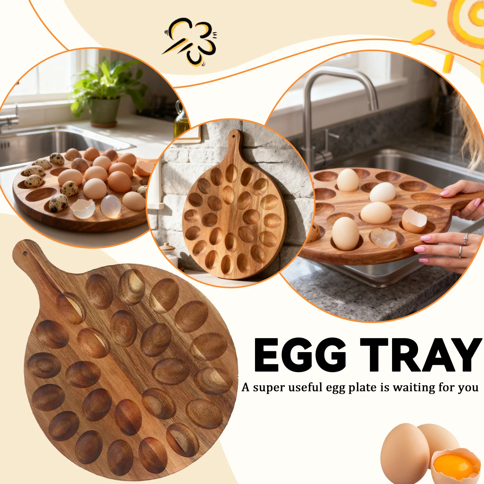 

Professional Acacia Wood Deviled Egg Platter & Serving Tray – Large Round Holder for 24 Eggs, Cheese & Charcuterie