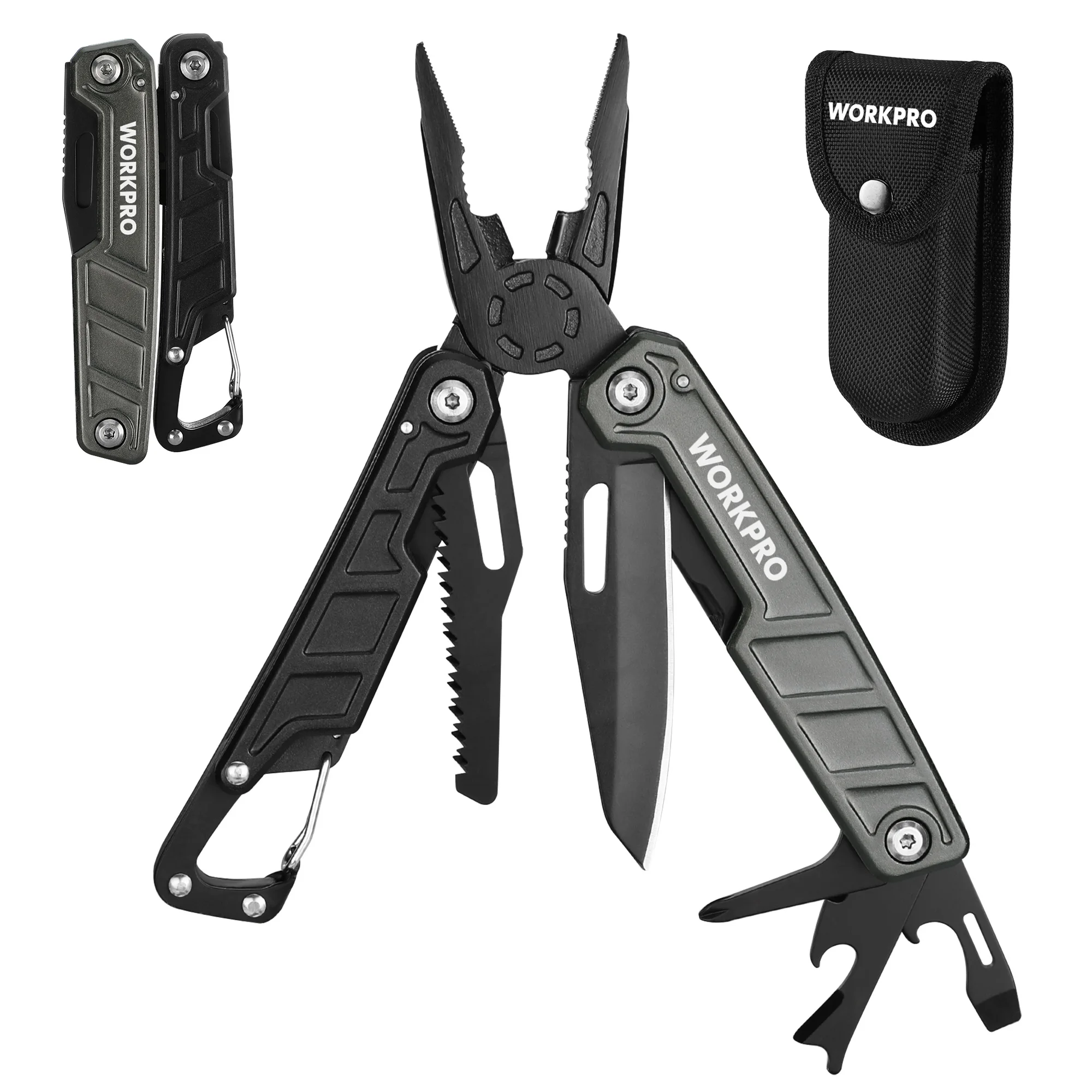 

WORKPRO 11-in-1 Multi-tool Pliers with Carabiner and Sheath Folding Plier Wire Stripper Outdoor Camping Pocket Mini Portable