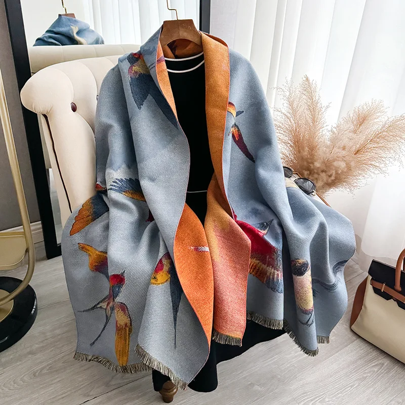 Fashion Good Imitate Cashmere Scarf Flying Birds Jacquard Long Shawl Winter Unisex Thick Neckerchief Women Spring Autumn Cape