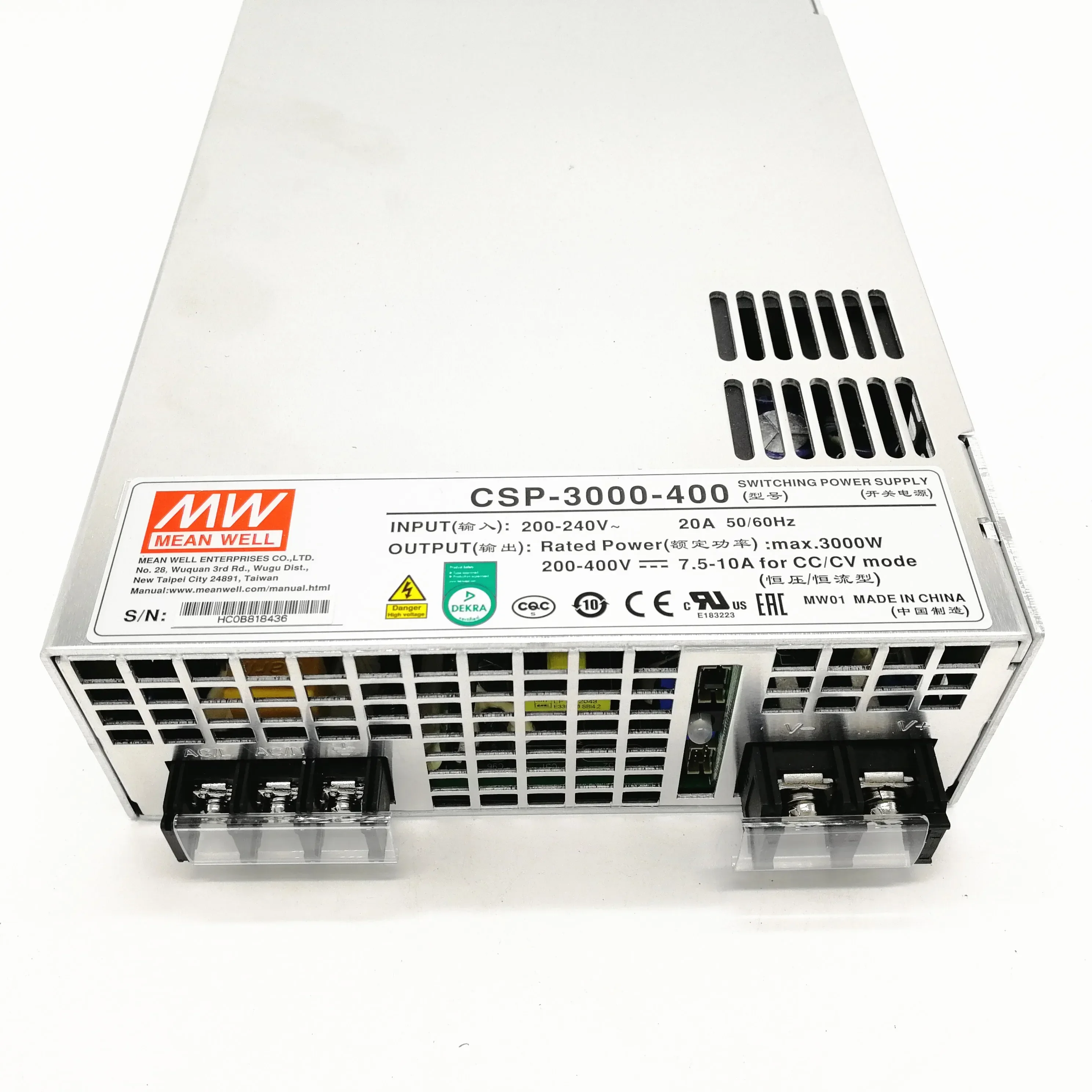 

Блок питания Meanwell CSP-3000-400, 3000 Вт, 220 В переменного тока на 400 В постоянного тока, с одним выходом