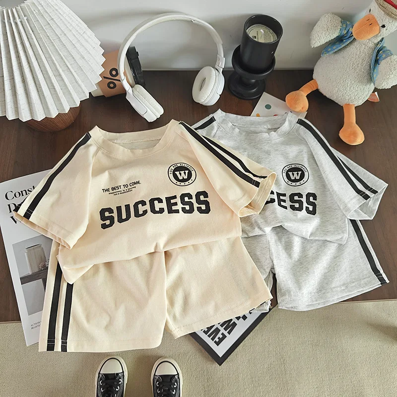 2026 New Summer Sporty Style Children Sets Letter Pattern Tee+Striped Shorts 2Pcs Clothes Short Sleeve Cotton Boys Girls Suit