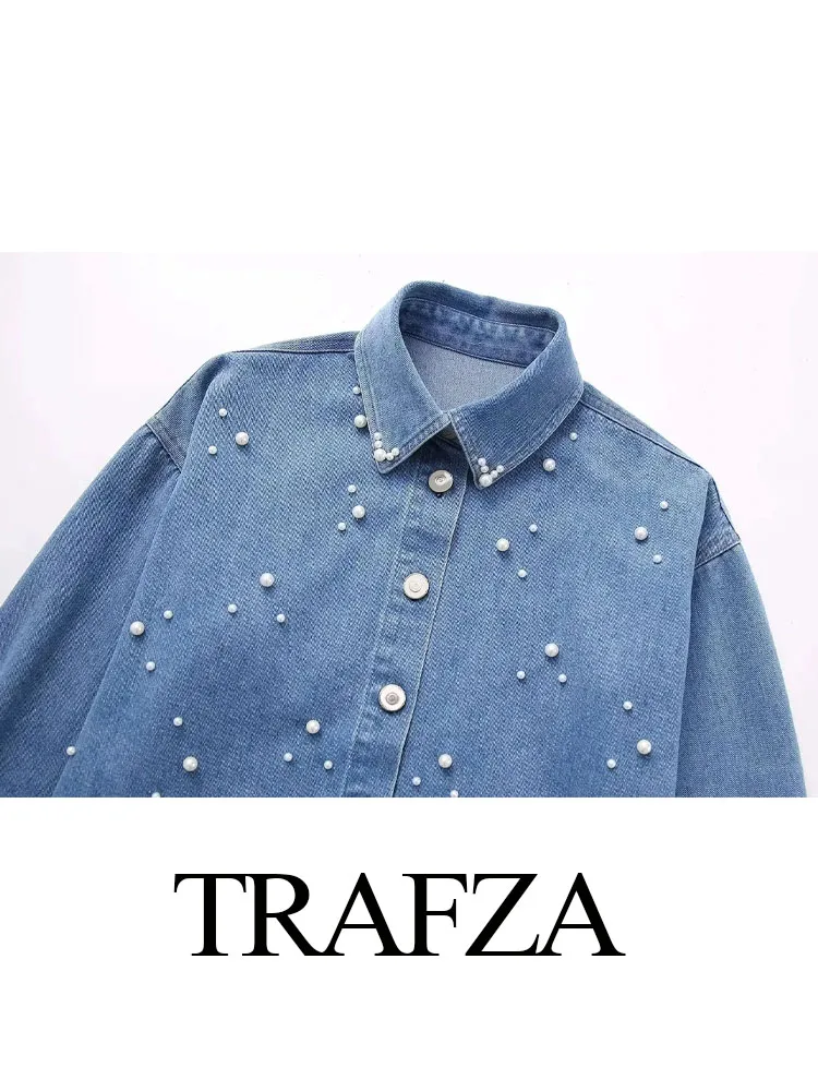 TRAFZA 2024 donna autunno Faux Pearl Denim Shirt Top donna moda maniche lunghe monopetto Casual camicia allentata