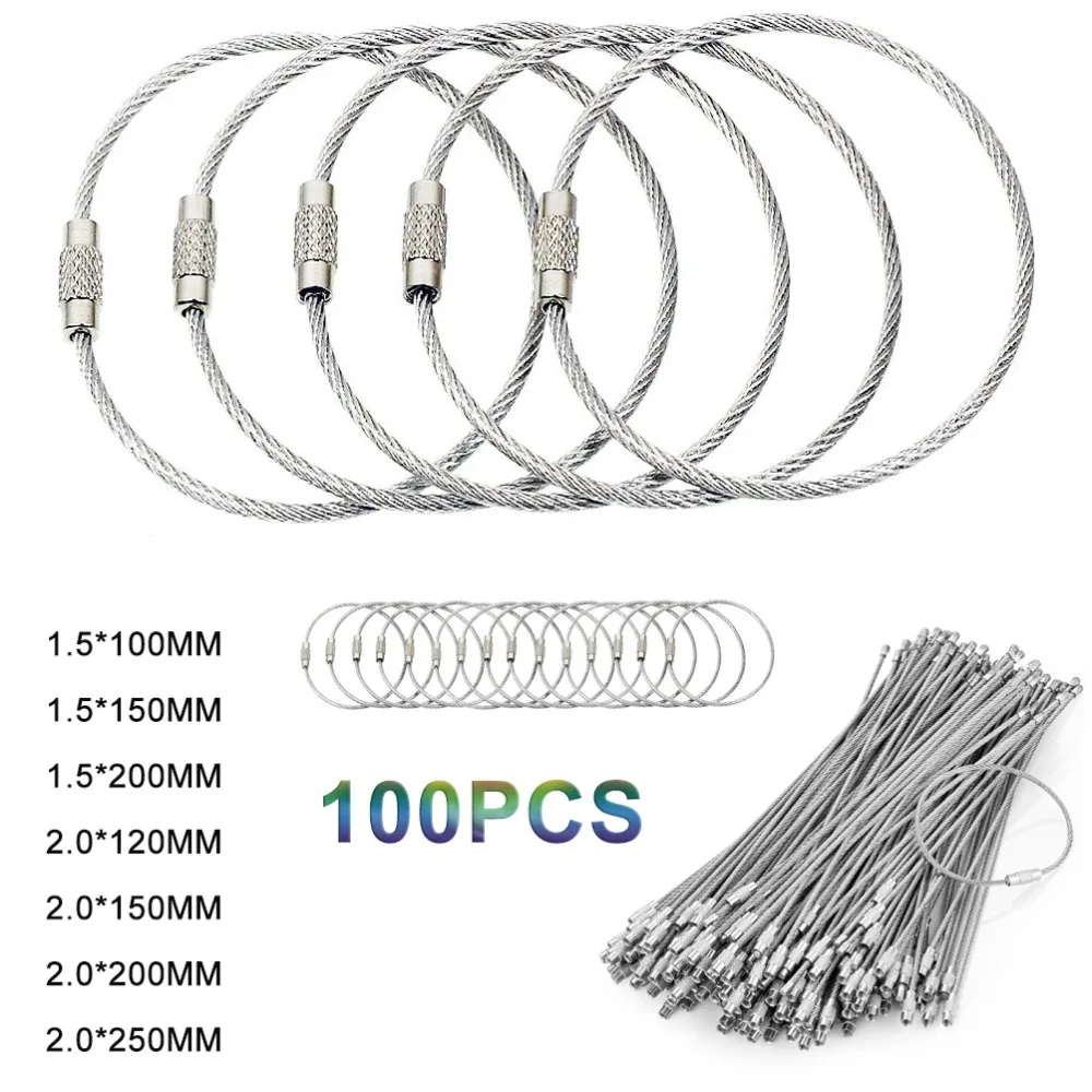 100 peças cabo de chaveiro de fio 1.5/2mm de espessura laços de aço inoxidável trava de parafuso segura para pendurar etiquetas de bagagem e chaves de organização
