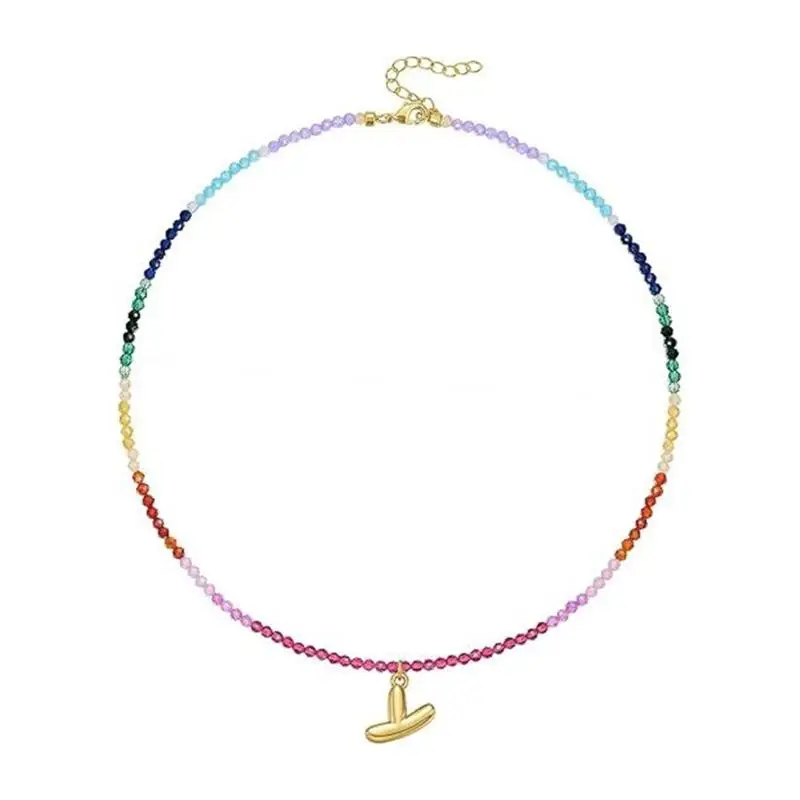A52E Vocation Beaded Letter Necklace Gemstones Pendant Gold Plated Layer Jewelry