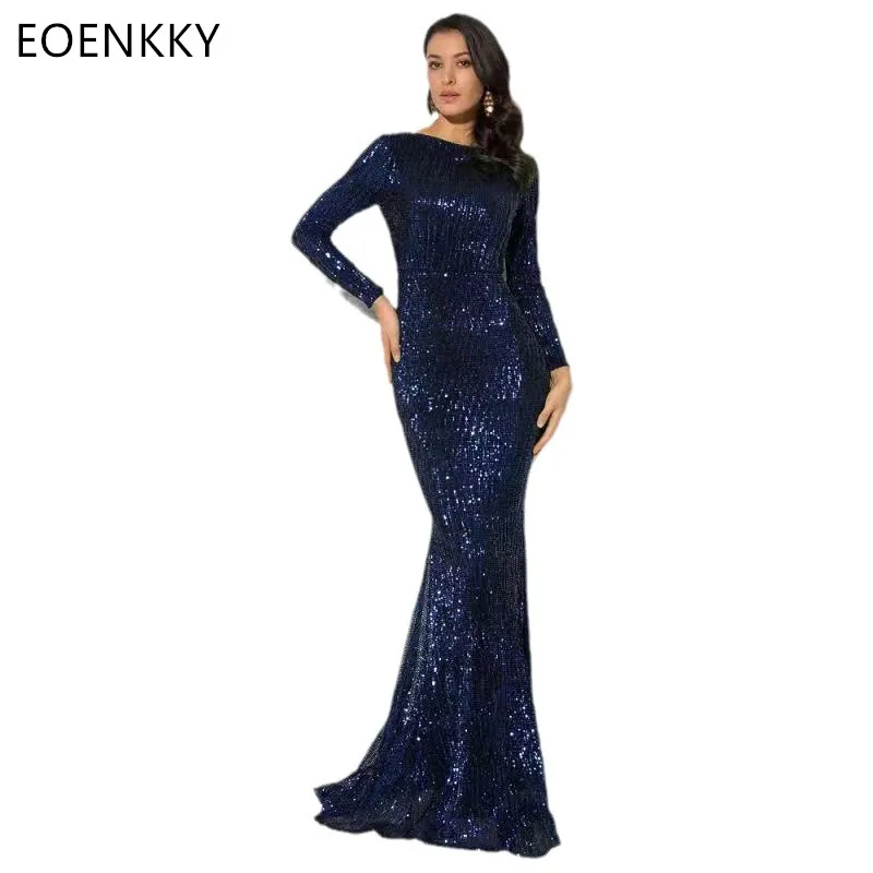 

Customized Women's Lace Sequined Evening Dresses Long Sleeved Round Neck Slim Fit Mermaid Prom Gowns Formal vestidos de fiesta