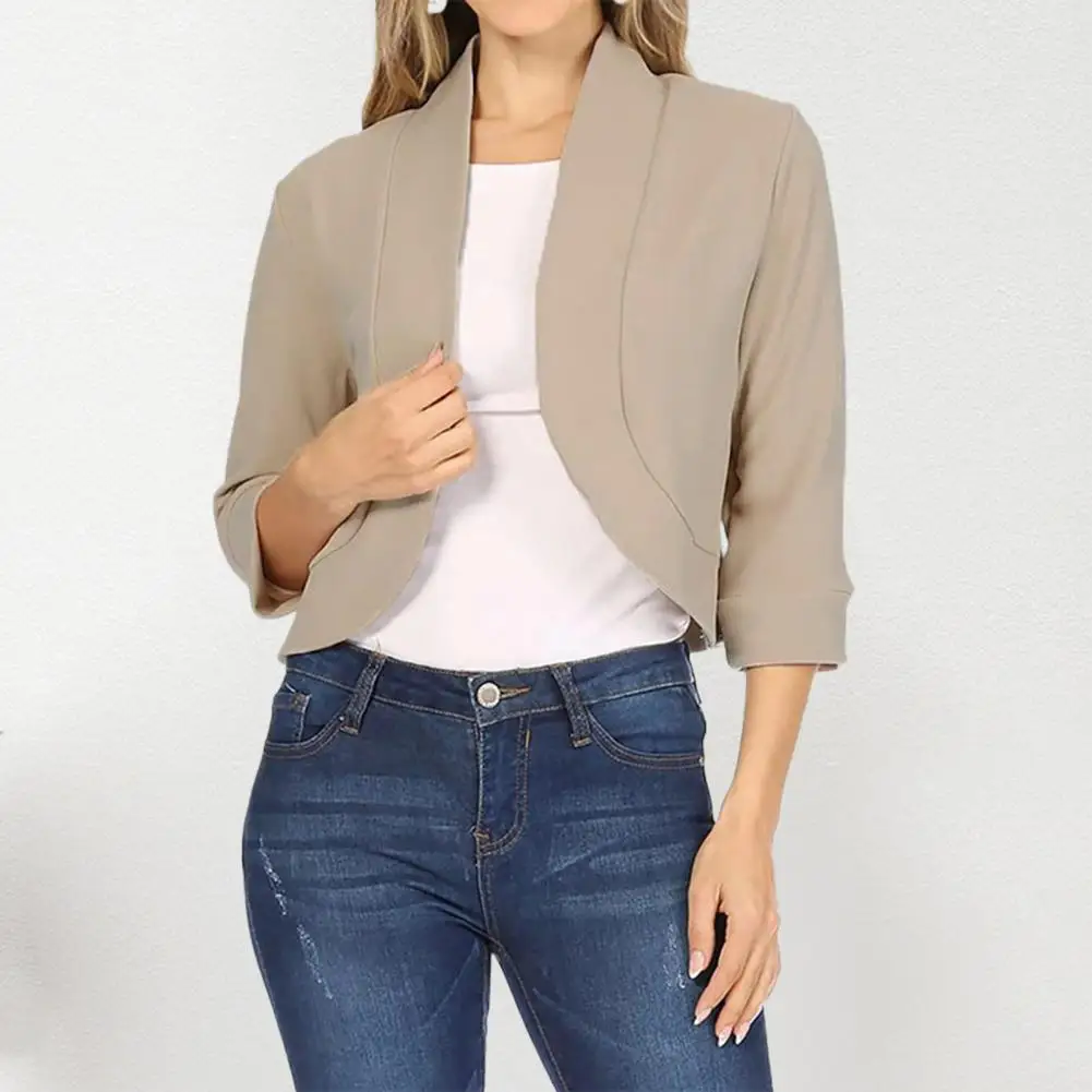 Blazer wanita Lengan 3/4, kardigan Crop Top kantor pendek setelan mantel Semua cocok Formal tanpa kancing Slim Fit Blazer wanita