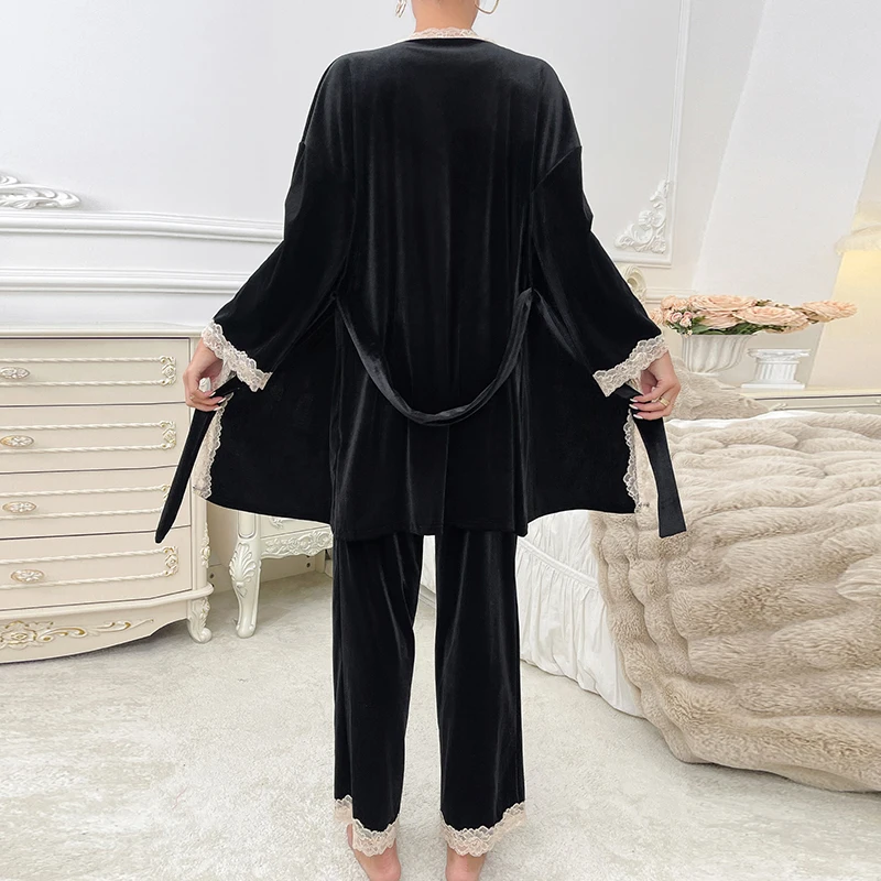 블랙 벨벳 레이스 패치워크 여성용 파자마 세트, 슬립웨어 여성용 3피스 세트, 서스펜더 나이트가운 팬츠 홈 슈트 세트 790