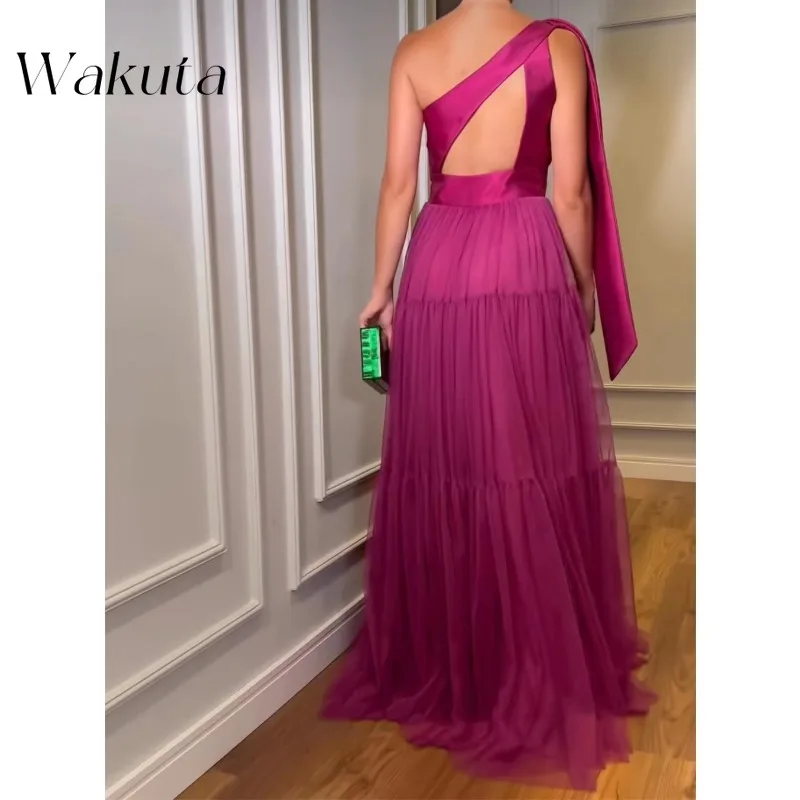 Wakuta French Sloping Collar Single Shoulder Solid A-line Robe Elegant Waist Cinched Shawl Backless Party Dresses Women Evening