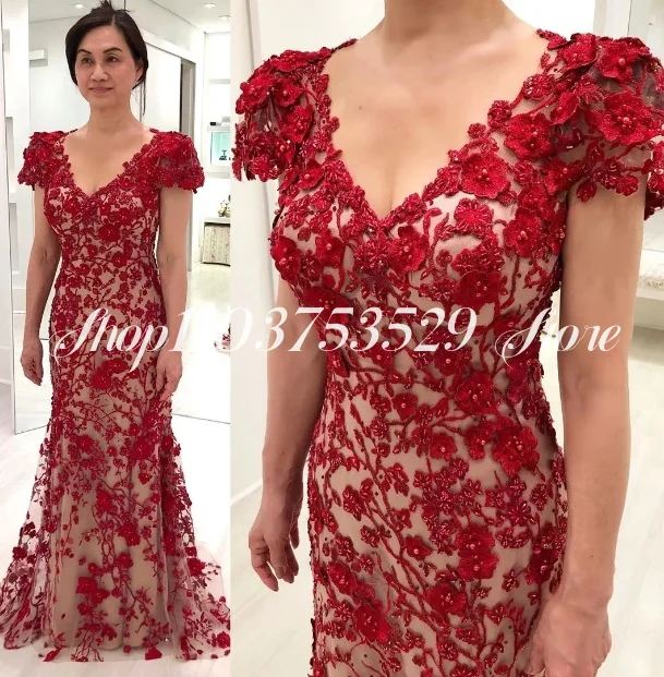 Vintage Mother of the Bride Dresses Red Beaded Bridal Gowns V Neck Custom Appliqued Wedding Dresses robe de soirée