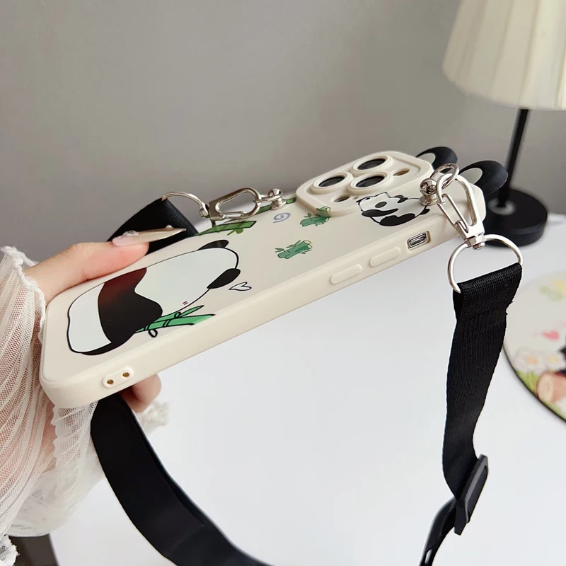 For Xiaomi Redmi 9 10 10A 12 13 10C 12C 13C 14C Note 8 9 9s 10 11 12 13 14 Pro Panda Case With Holder Rope