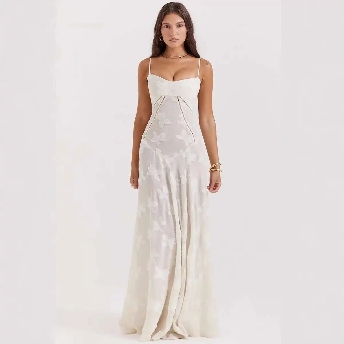 

New Summer Hot-selling French Style Tie Slim Fit Square Neck Exquisite Jacquard Full Lining Lace Trim Long Dress Women Party