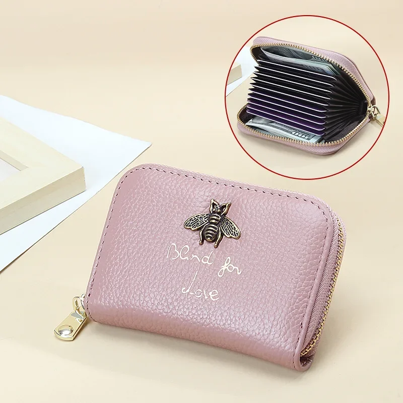 

The First Layer of Cowhide RFID Anti-theft Brush Leather Card Holder Multi-card Bit Texture Bee ID Card Holder Zipper Wallet