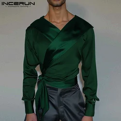 INCERUN 2024 Men's Clothing Twisted Cross Neck Shirts Sexy Stylish Male Hot Selling Solid Comfortable Long Sleeved Blouse S-5XL