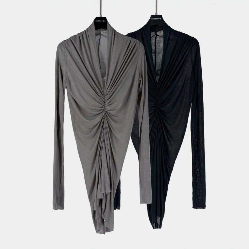 High-qualitySummerNew women's V-neck pleated long-sleeved T-shirtFashionable irregularHot girl waist-cinching draped pleated top
