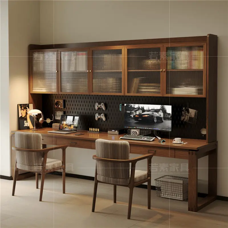 All solid wood desk, bookshelf, integrated bookcase combination, wall computer desk, double children's study table, office workb