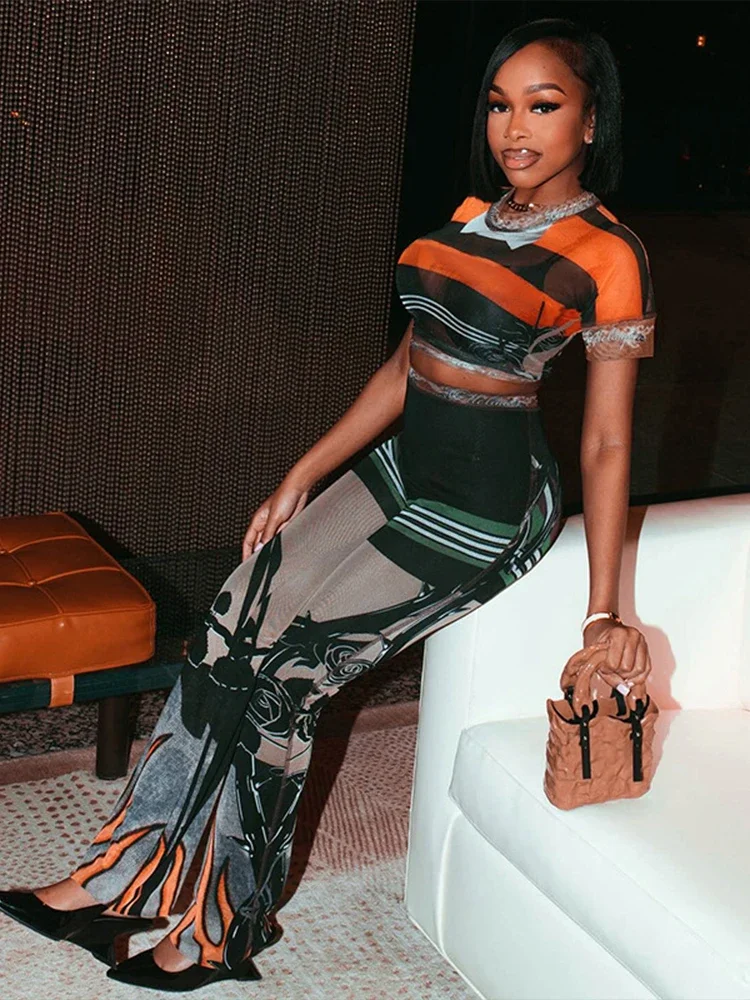 

Комплект из 2 предметов с ярким принтом, эластичные женские прозрачные топы с круглым вырезом + расклешенные брюки, летние трендовые повседневные одинаковые костюмы