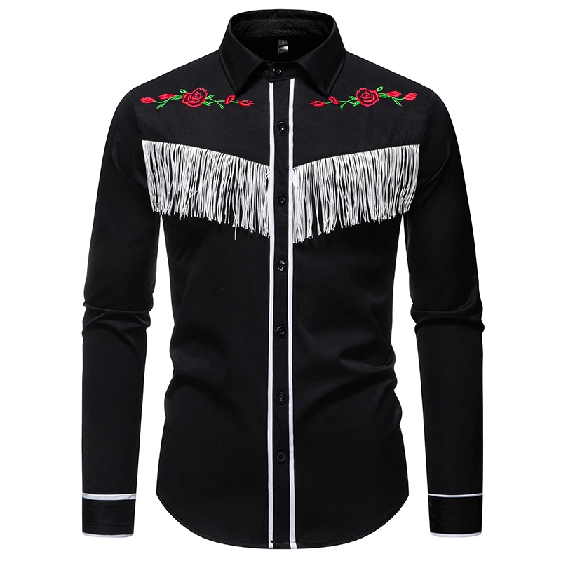

Spring Men's Long Sleeve Shirts Fashion Stylish Embroidery Tassels Design Shirt Men Stage Costume Banquet Shirt Nightclub Party