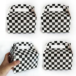 4pcs Black White Checker Racing Flag Treat Gift Paper Cardboard Boxes with Handles Candy Goodie Bags Racing Birthday Party Favor