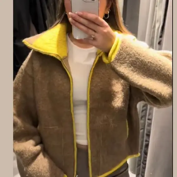 

Модный контрастный вязаный кардиган для женщин, элегантный свитер на молнии с длинными рукавами и карманами, весна 2026, уличная женская шикарная верхняя одежда