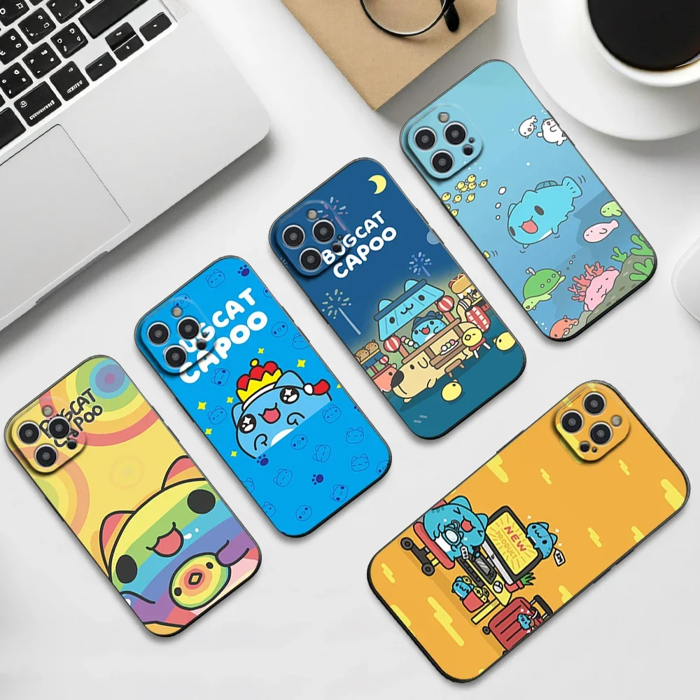 Cartoon Bugcat Capoo Cute Phone Case For iPhone 16 11 12 13 14 15 Pro Max Plus Black Soft Shell