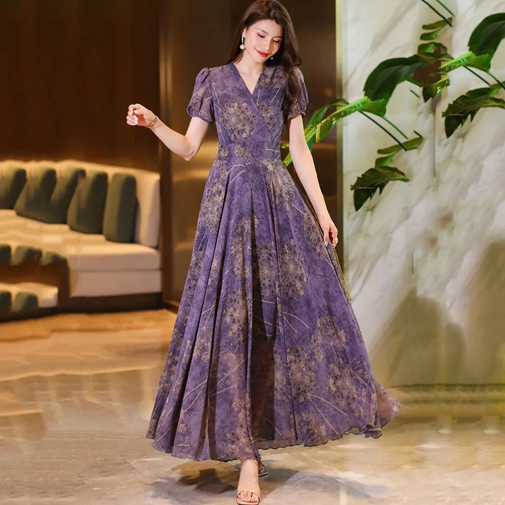 

New Women Purple Floral Chiffon Dress Summer Fashion Chinese V-Neck Short Sleeve Overlength Dress Vintage Flowing Long Dress