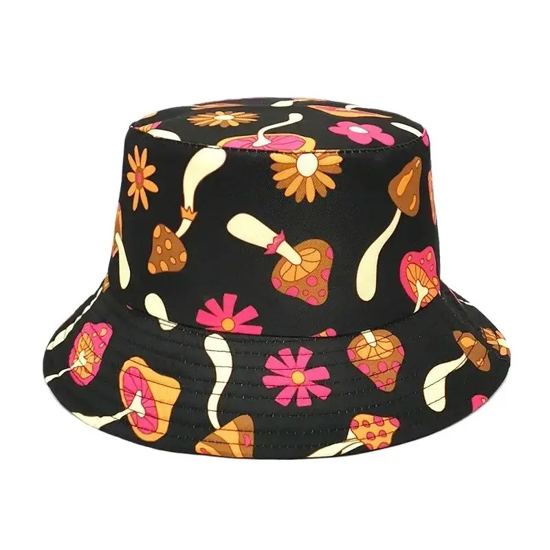 

Spring Cotton Cartoon Mushroom Print Bucket Hat Fisherman Hat Outdoor Travel Sun Cap for Men and Women 235