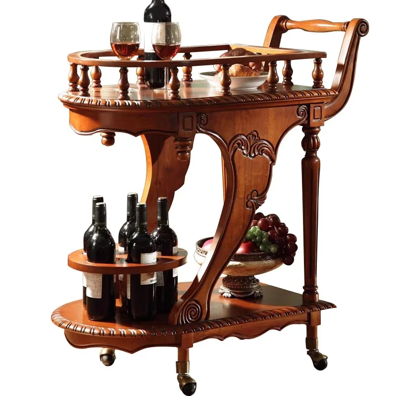 European solid wood dining car Home retro restaurant Wine storage rack Small dining car American hotel Tea trolley