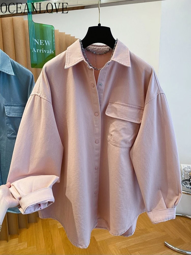 

OCEANLOVE Denim Blouses Spring Autumn Solid Loose Simple Elegant Women Shirts Korean Fashion Chic Casual Blusas Mujer