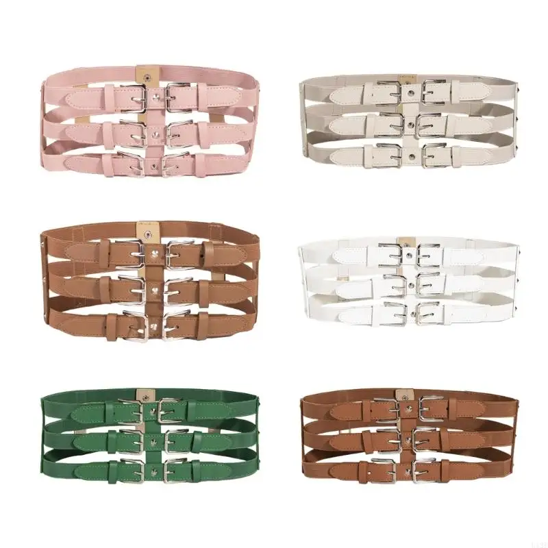 U13E Fashionable Three Breasted Waist Belt Female Corset PU Waistband Elastic Cincher Belt All Matching Waist Dressingup Belt