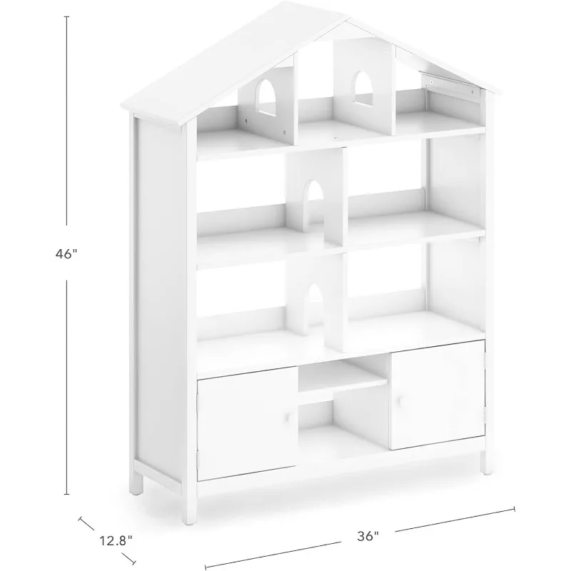 Estantería para casa de muñecas, blanco cremoso, estantes Organizadores de madera con dos compartimentos de almacenamiento para libros, muñecas y escuela