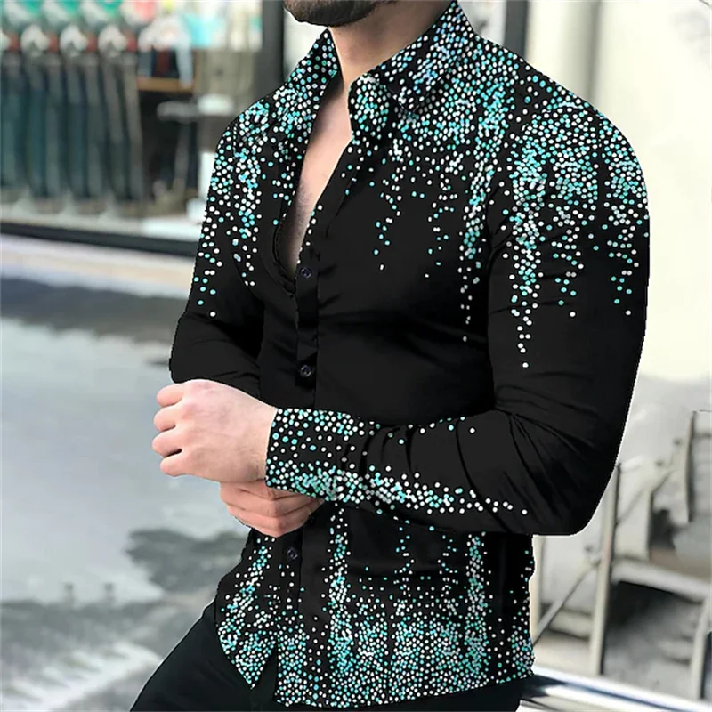 2023 new men\'s shirts single-breasted shirts casual party ball shirts gold dots 3D printed long-sleeved tops men\'s fashion tops