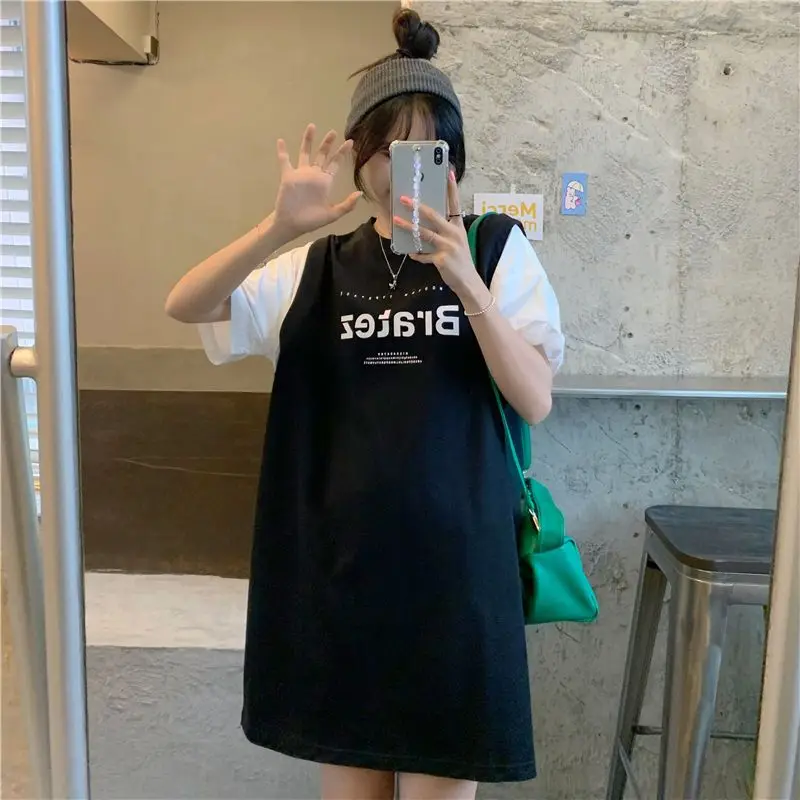 Oversized Women's Clothing Casual Korean Printing O-neck Short Sleeve Tshirt Dress Female Loose Letter Mid Length Top T-Shirt