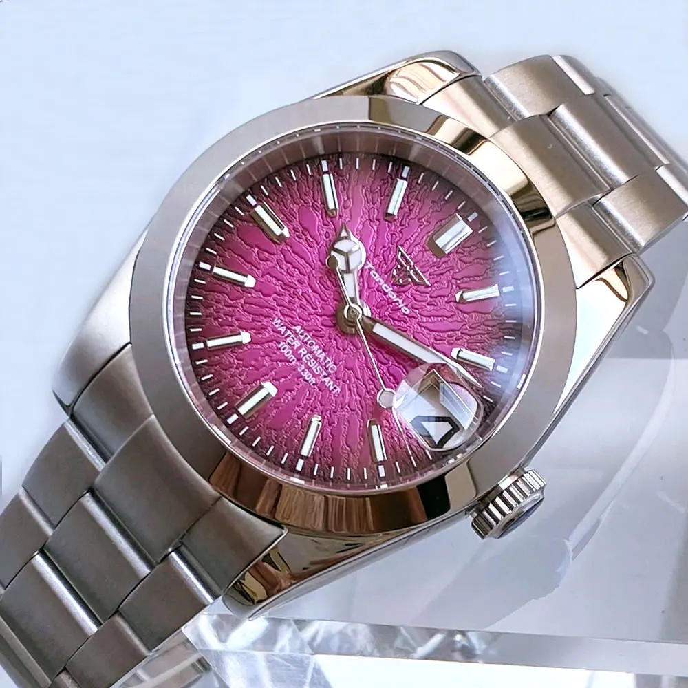 

Полированный фиксированный безель 36 мм/39 мм Tandorio NH35 Автоматические часы Мужчины Леди Фиолетовый/Черный/Красный циферблат Дата Циклоп Сапфировый стальной браслет