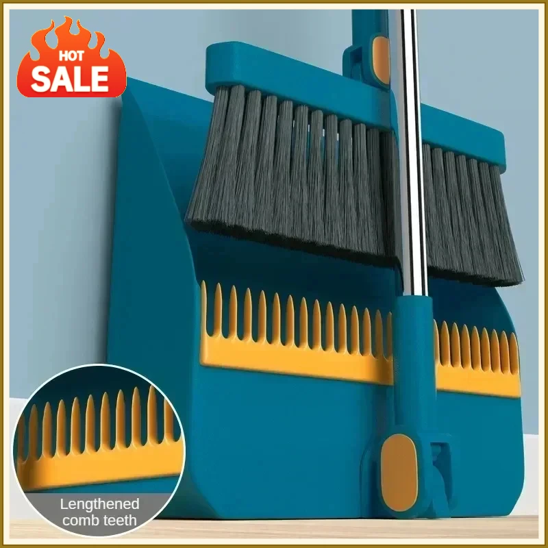Folding Dustpan & Broom Set - Extra Thick Mounting Teeth, Clip Swivel Long Handle, Space Saving Storage