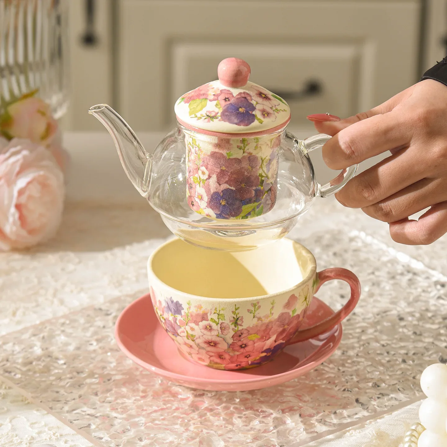 Lily of the Valley Nesting Teapot Set,English Ceramic Tea Set with Glass Teapot, Afternoon Tea Gift,Luxury Porcelain Tea Service view 2