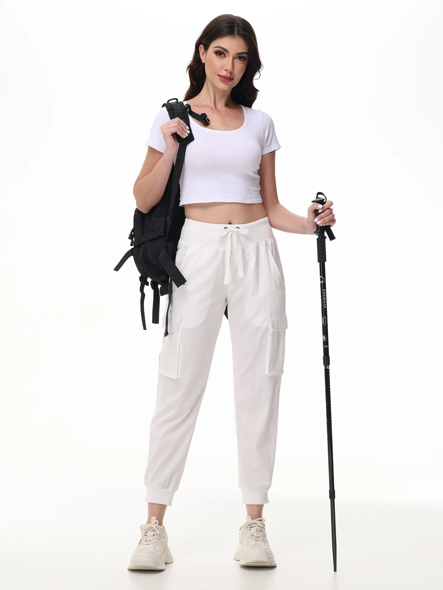 Ladies' Casual Yoga Jogging Pants, Elastic Fabric and Breathable Cropped Pants,  Trousers with 6 Pockets for Women Moms