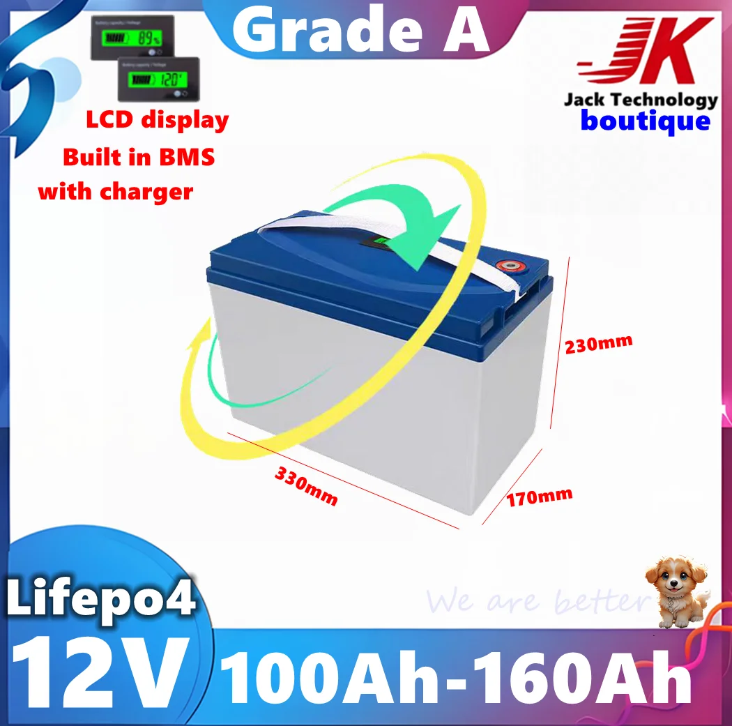 

JK 12.8v 150AH lithium Lifepo4 battery 12V 100Ah 120Ah 130Ah for EV starter caravan boat Inverter，RV Portable power+10A charger